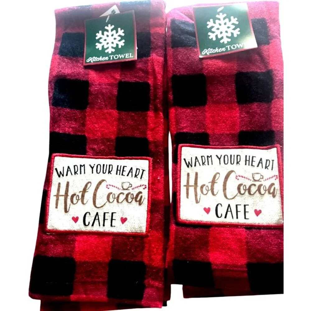 Christmas Winter Kitchen Dish Towels Hot Cocoa Warm 100% Cotton Set of 2